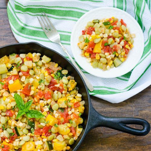 Succotash – A Southern mixed vegetable dish made with corn, lima beans, zucchini, tomatoes, and