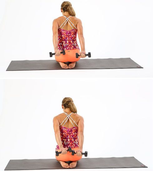 The Deltoid Back Squeeze Kneel on the floor, and then sit all the way down so your lower legs are under your bum. Lean forward a little bit, making sure you are leaning from your torso and not just