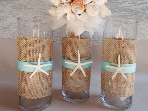 The Starfish & Burlap Vases are wrapped in burlap and the ribbon color(s) of your choice, and completed with a white starfish. You can use them