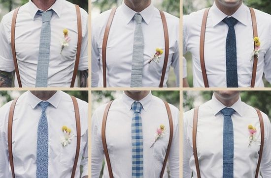 white shirt + skinny mismatched blue ties + brown suspenders = groomsmen