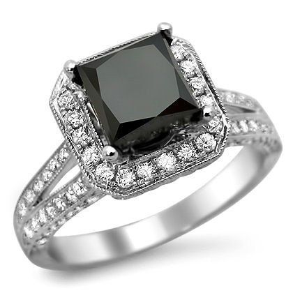 2.85ct Black Princess Cut Diamond Engagement Ring 18k White Gold. $1,995.00, via