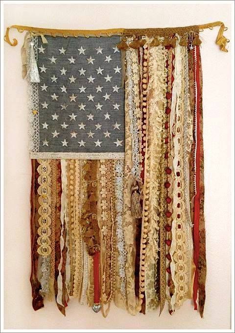 American Flag With Stars and  Vintage Lace  Ribbon Stripes fun idea for the 4th of July
