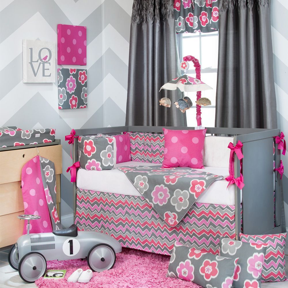 baby girl crib sets | … Baby Girl Pink Grey Modern Crib Nursery Room Idea Bedding Quilt