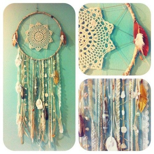 Beautiful, boho chic dreamcatcher. Metal ring, fabric to wrap around it, a lace doily, and braids, beads to hang down. Tie seashells, charms, etc on the braids, beads to complete the