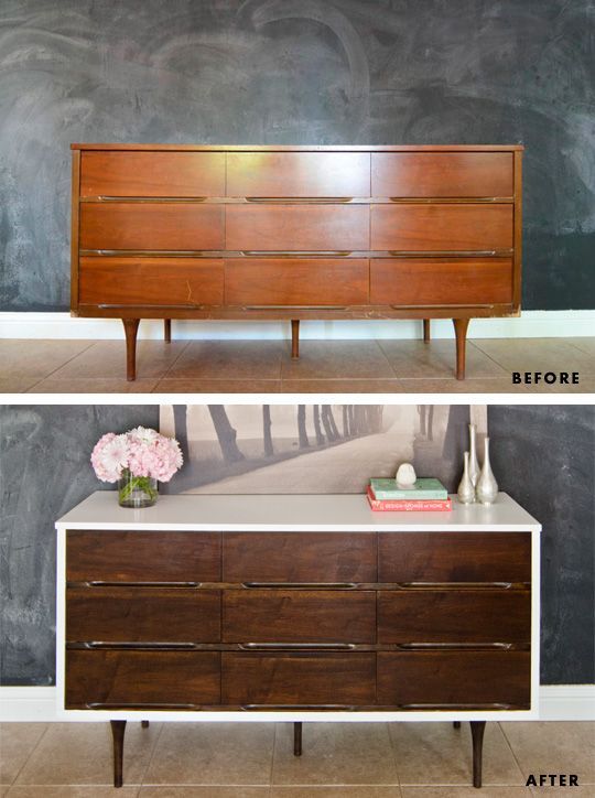 Before & After Mid Century Modern Dresser with tutorial for how to paint & paint veneer