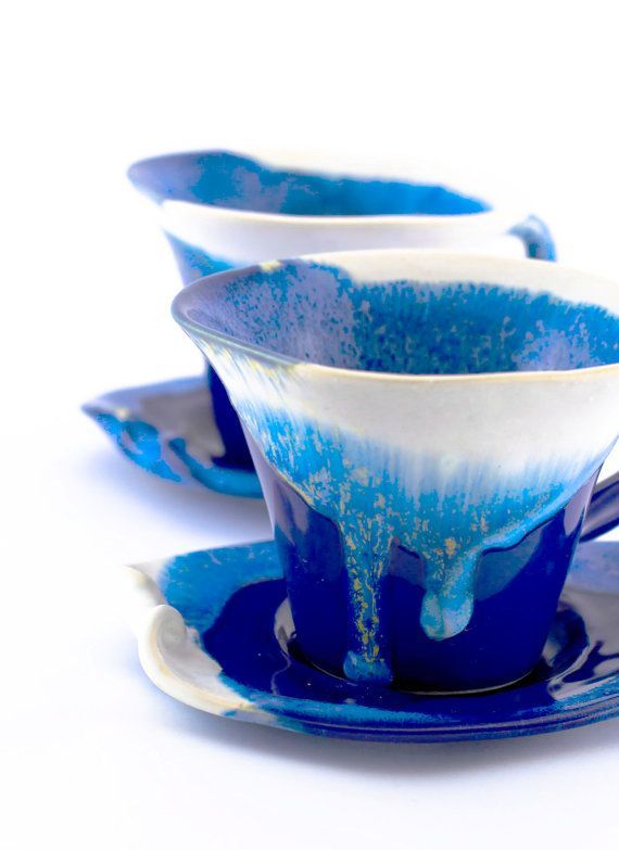 Blue cups tea ceramic stoneware pottery set cups coffee  – unique handmade created with love to enamel colours – two cups in the