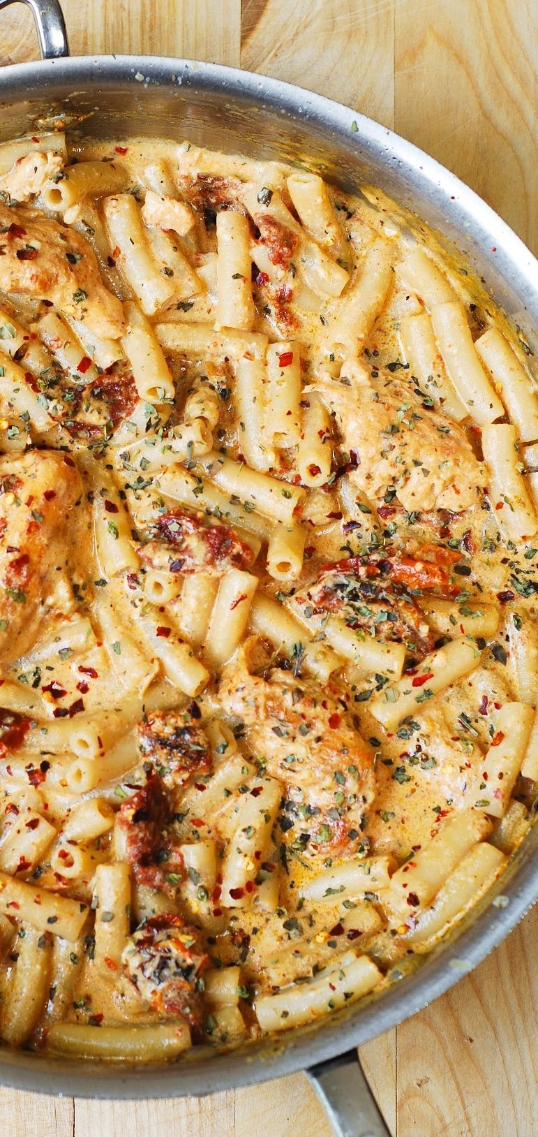 Chicken breast tenderloins sautéed with sun-dried tomatoes and penne pasta in a creamy mozzarella cheese sauce seasoned with basil, crushed red pepper flakes. If you love pasta, if you love Italian