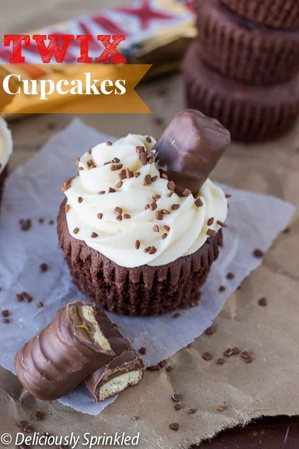 Chocolate Twix Cupcakes recipe. Chocolate cupcake topped with caramel buttercream frosting and a Twix candy