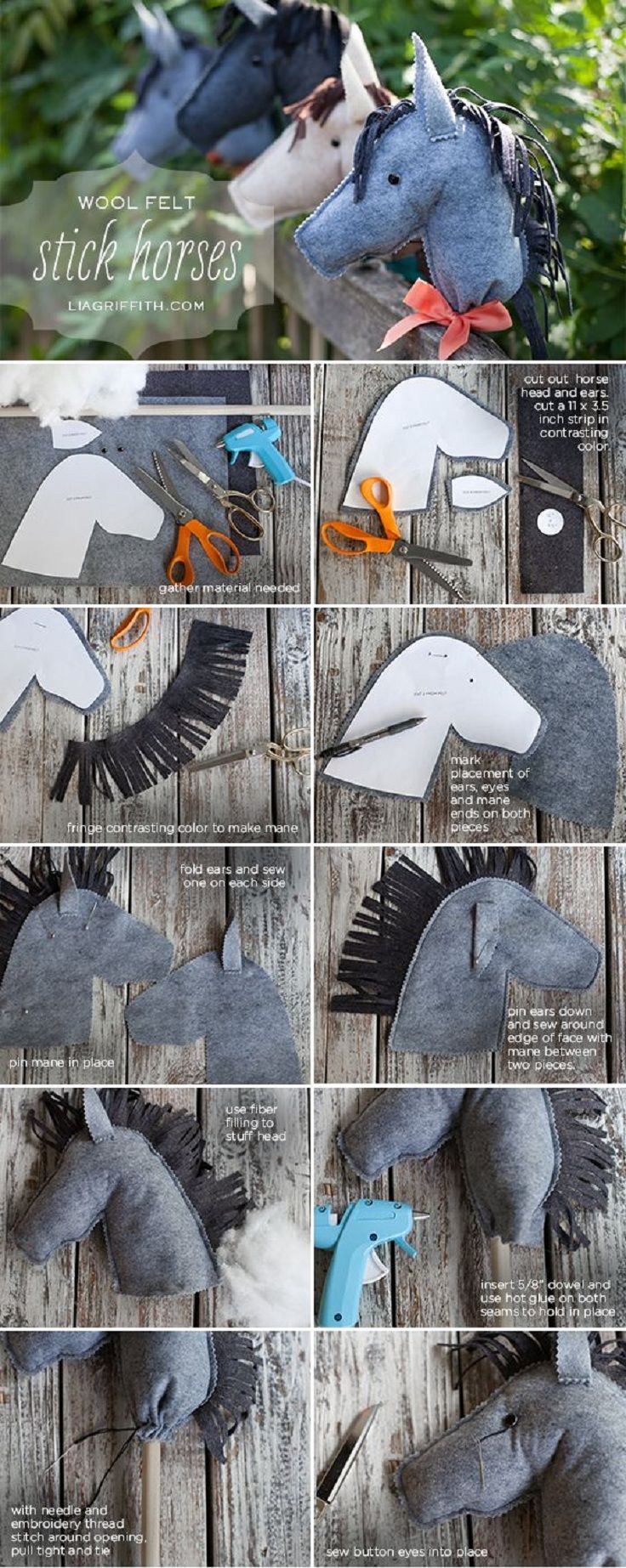 DIY: Felt Stick Horses – It would be so cool to make other animals too!  Elephants, lions, dragons, whatever, all youd need is the animals