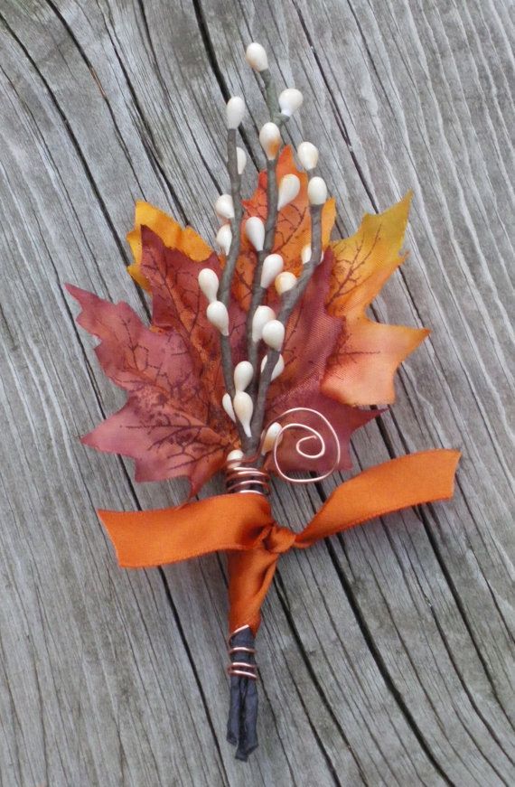 Fall Wedding Boutonniere  Maple & Twigs by TellableDesign   It is wrapped with copper colored wire and a large bittersweet satin ribbon, a copper swirl peeks out for a little added