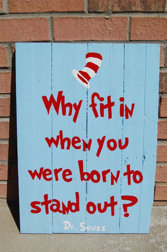 Hand-painted Dr. Seuss pallet art.  This was made for a Cat in the Hat themed nursery.  “Why fit in when you were born to stand