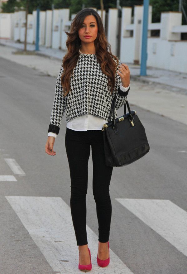 Houndstooth jumper with a white shirt, skinny black jeans and statement heels… Great
