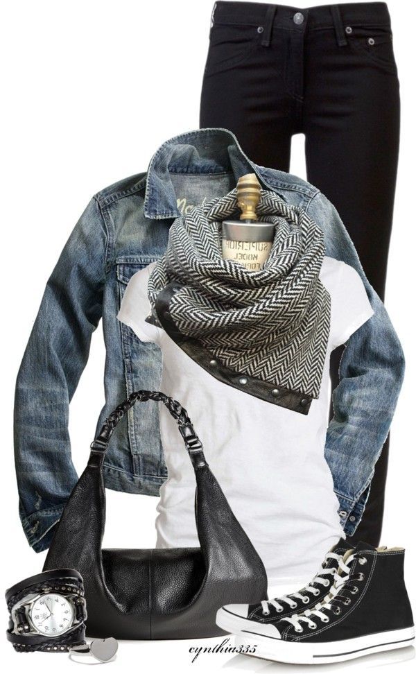 love the scarf_ Black jeans, black converse, white shirt, chevron scarf, jean jacket, silver