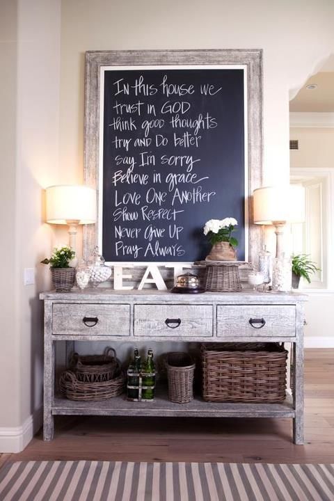 Love this idea of a chalkboard in the great room.. Im trying to go more rustic than primitive..