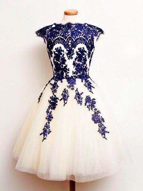 Lovely Short Tulle Round Neckline with Blue Lace Details, Short Lace Prom Dresses, Prom Dresses 2105, Tulle Homecoming