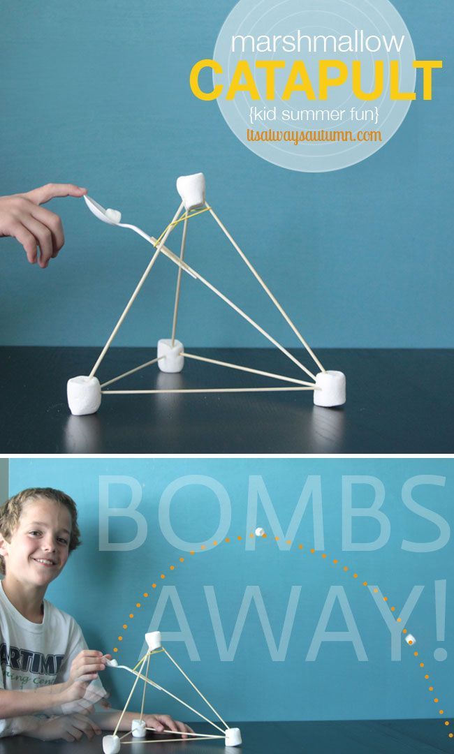 marshmallow catapult – so fun! Easy instructions for a simple catapult kids can make with household materials – great rainy day