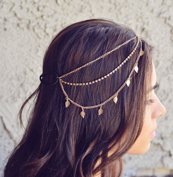 NEW Gold Leaves Rhinestone Indian Boho Bohemian Headband Coachella Festival Hair Chain Accessories Flower Crown