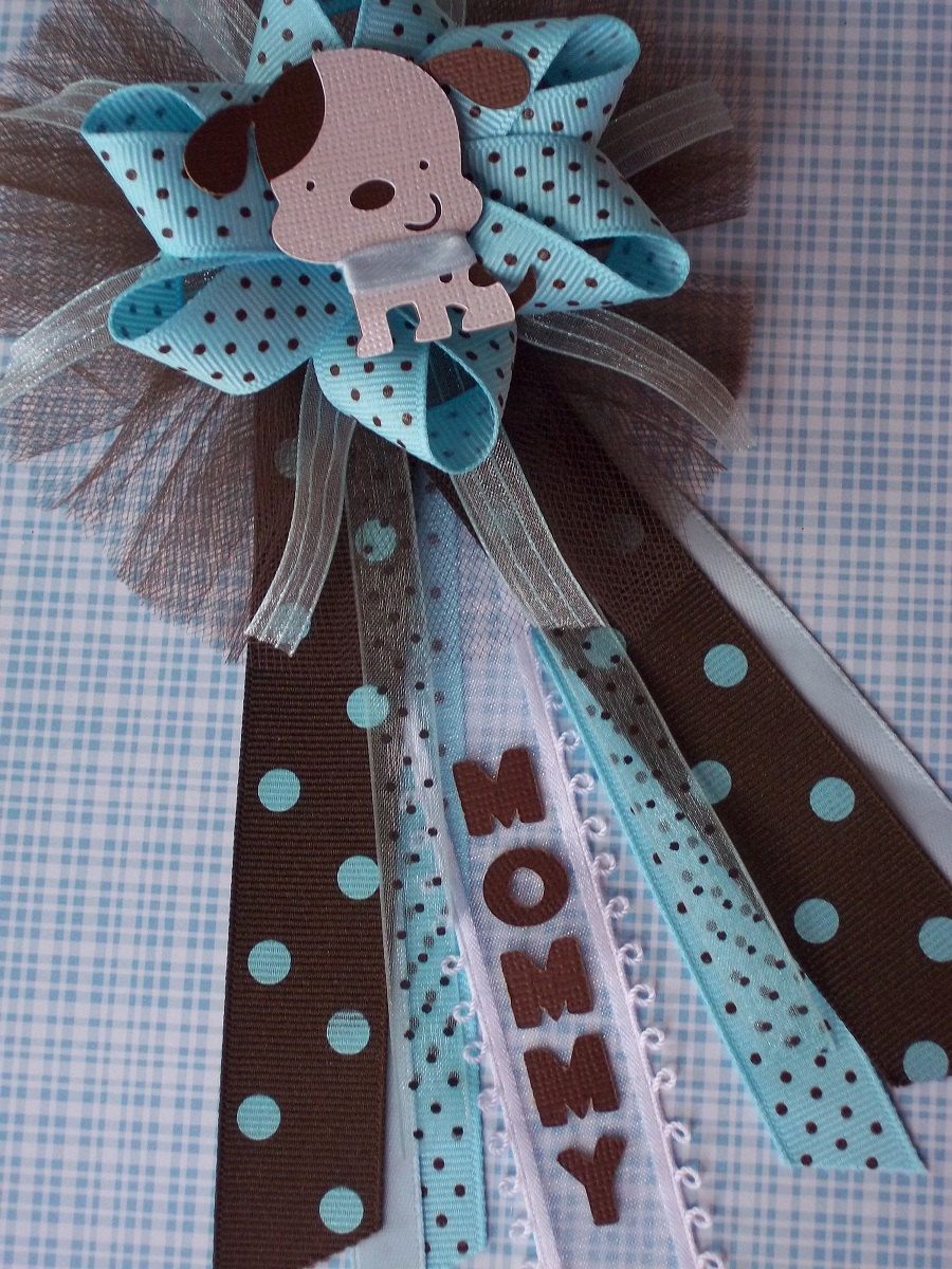 Puppy Baby Shower “Mommy” CORSAGE in Brown and Blue. $18.00, via