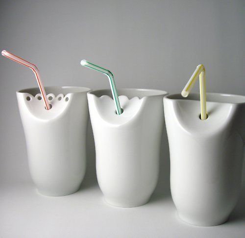 Set of original handmade porcelain cups, originally five different pieces of decorative solutions with a hole for a straw. Suitable for children. Rather, the cold drinks, cocktails, etc. cups would