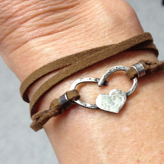 Sz M – Horse shoe heart bracelet, Sterling silver hand fabricated horseshoe heart with leather wrap,  Size Medium,. $36.00, via