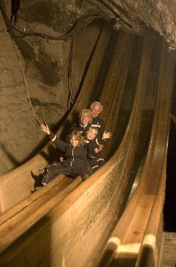 The most fun thing in Berchtesgaden, Germany, the huge slide in the salt mine (Salzbergwerk) – Notice the clothes – everyone has to put on a miners uniform over their own