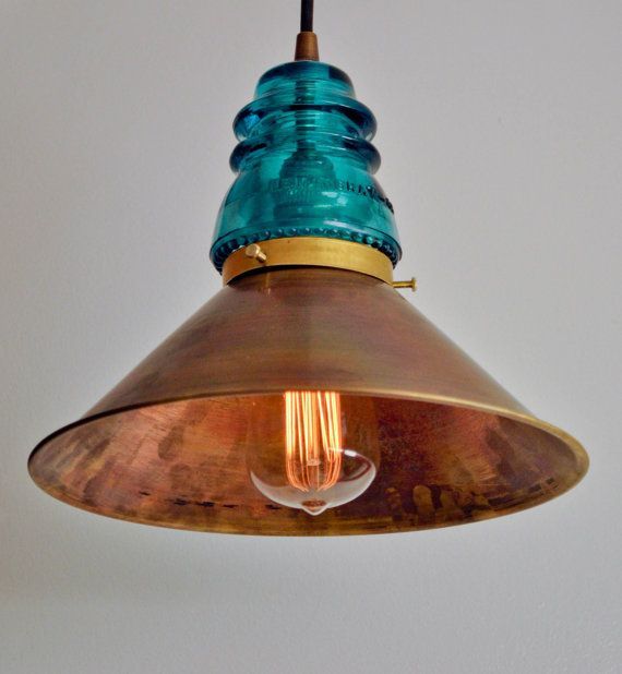 Vintage Glass Insulator Pendant Lamp with Spun Brass by