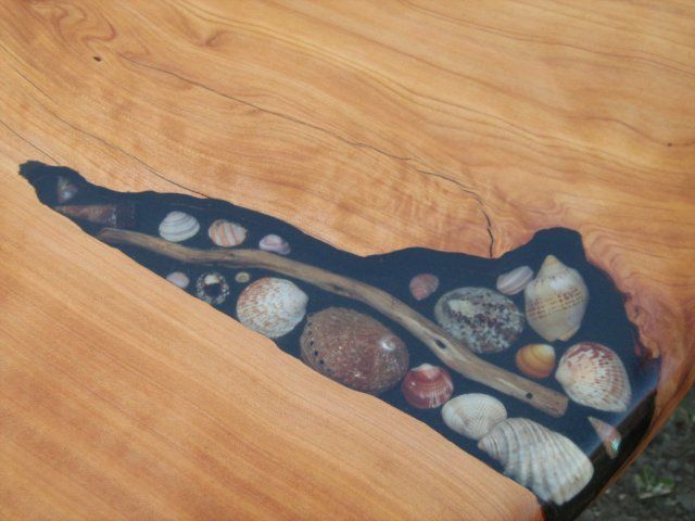 wood table inlayed with sea