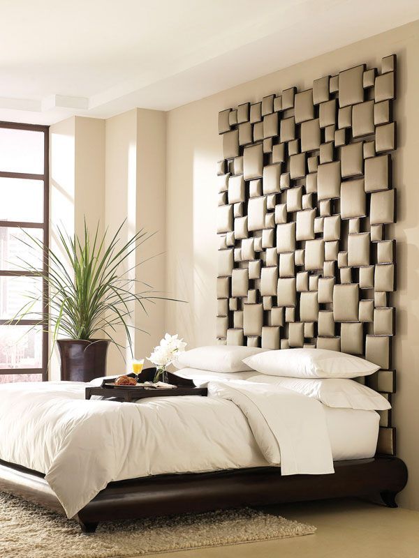 35 Cool Headboard Ideas To Improve Your Bedroom Design.  (try fabric wrapping small pieces of wood and then stick to wall in random