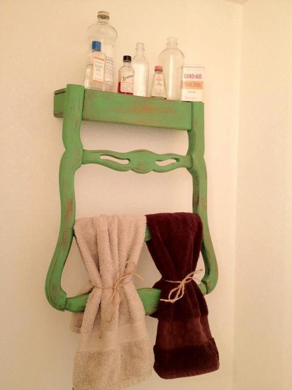 Chair back upcycled into a towel rack and shelf…..I love