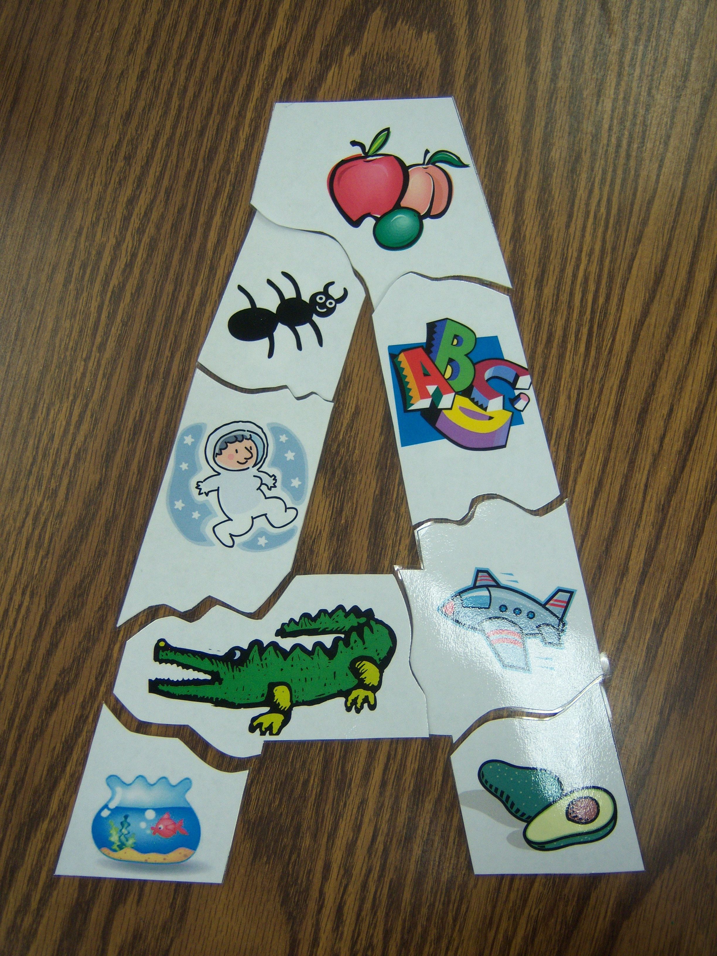 DIY letter puzzles.  Just create a hollow letter using word art, and then add clip art pieces that begin with that letter.  Laminate and then cut into pieces.  Great for morning table time or in a