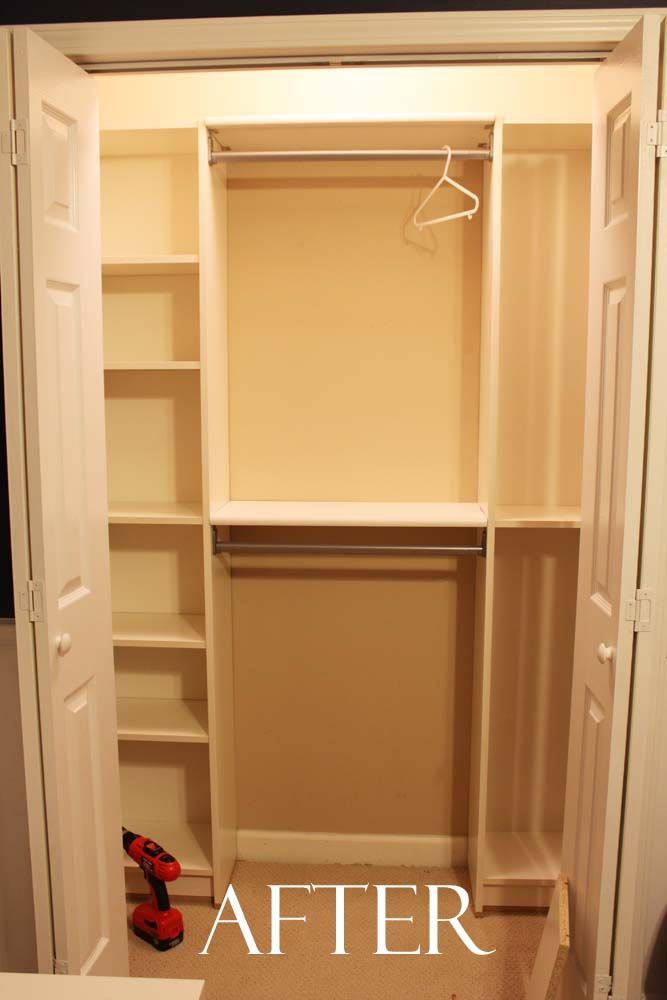 Great for organizing a small closet. Under $100 Closet System – a couple ikea bookshelves and some tension rods and there you have