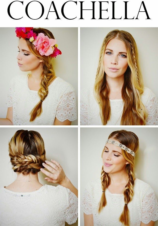 Hairspiration for Coachella – his little lady. TO CREATE: Part hair down the center and create loose fishtail braid pigtails, securing with small elastics. Take first braid, lay horizontal along nape