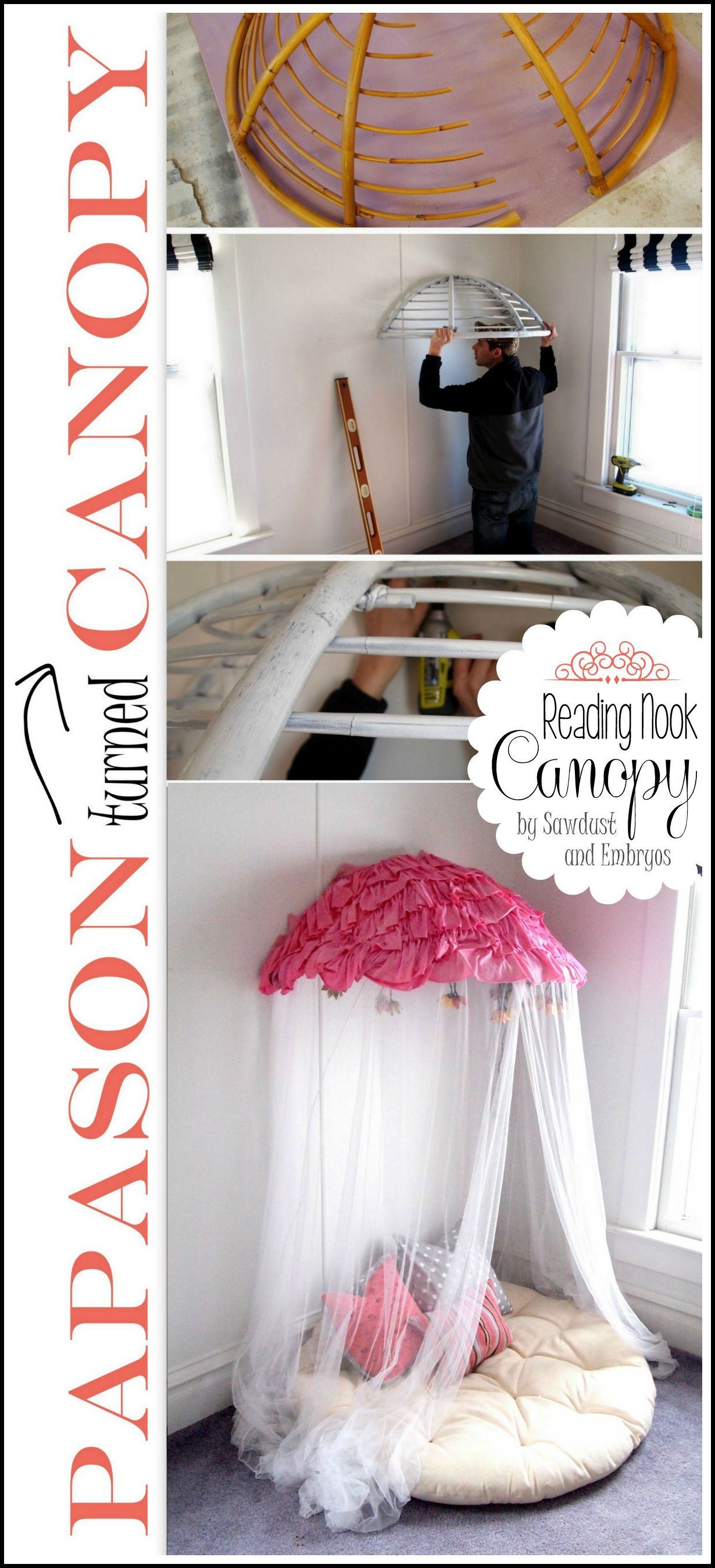Have an old papason chair? Turn it into a fun canopy/reading nook for your littles! SO FUN! {Sawdust and
