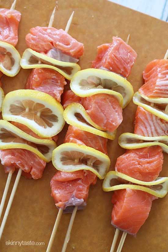 I love Salmon and lemon! Match made in heaven!! Grilled Salmon Kebabs |