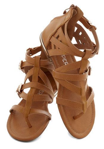 Key to Strappiness Sandal – Flat, Faux Leather, Tan, Solid, Weekend, Good, Strappy, Summer, Casual, Beach/Resort,