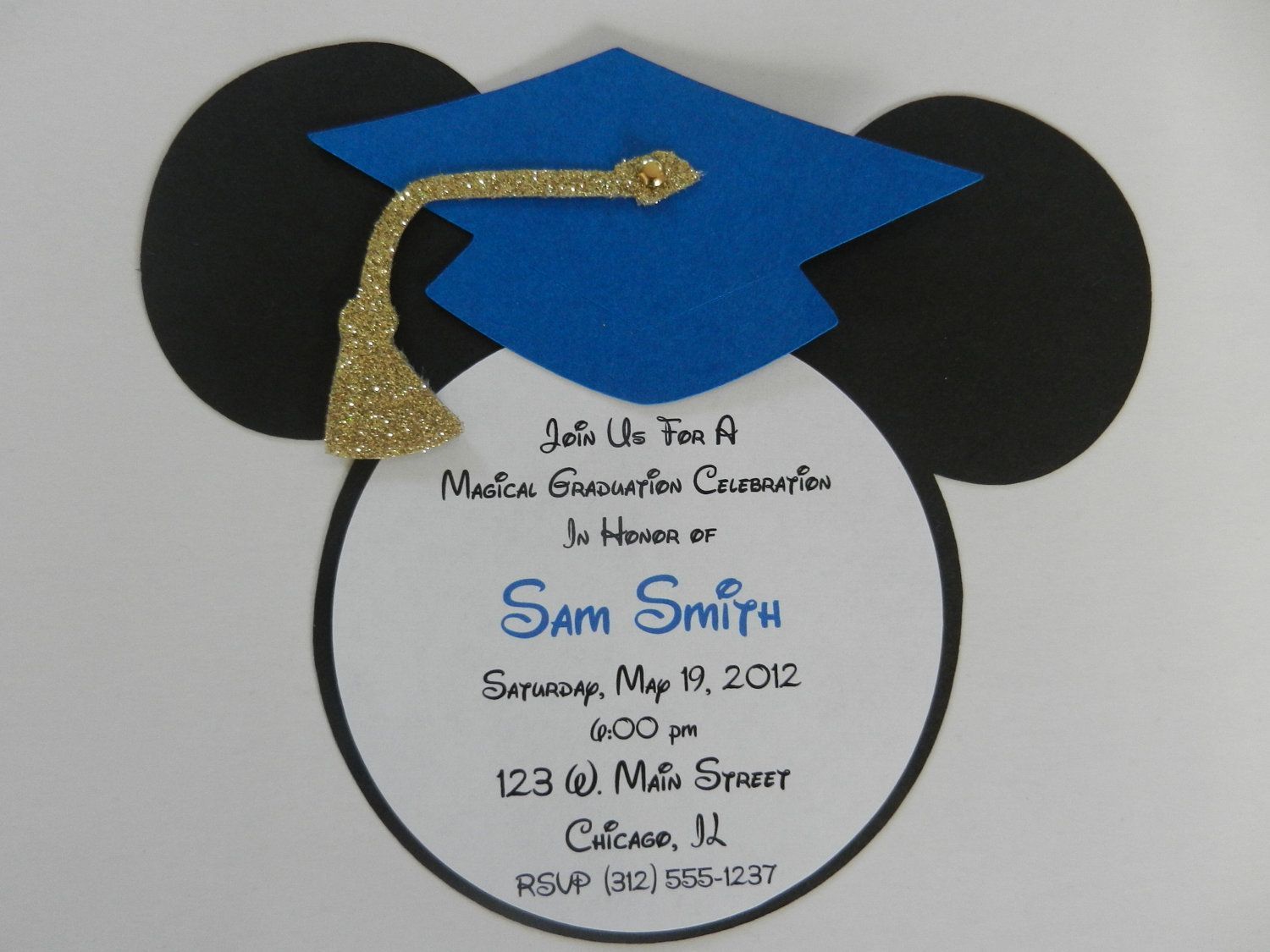 Mickey Mouse Inspired Graduation Invitations – Royal Blue and Gold Glitter Tassel. $22.50, via