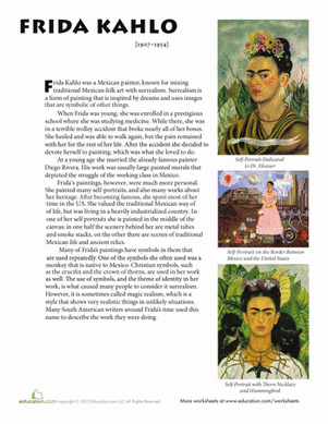 Middle School Social Studies Art History Worksheets: Frida Kahlo