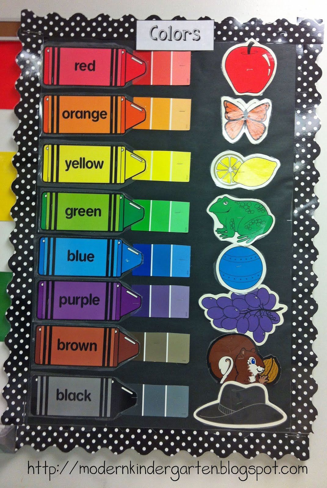 Modern Kindergarten: Classroom Decorations…like the idea of using paint chips to show the variations of each