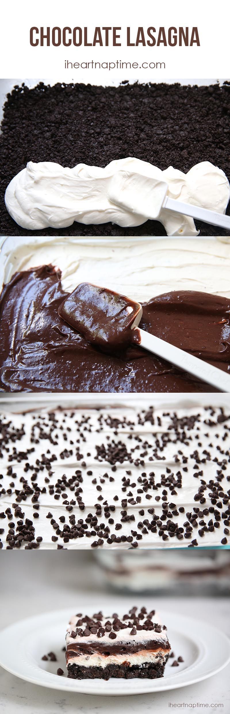 No bake chocolate lasagna recipe -layers of crushed oreos, cream, chocolate pudding and chocolate
