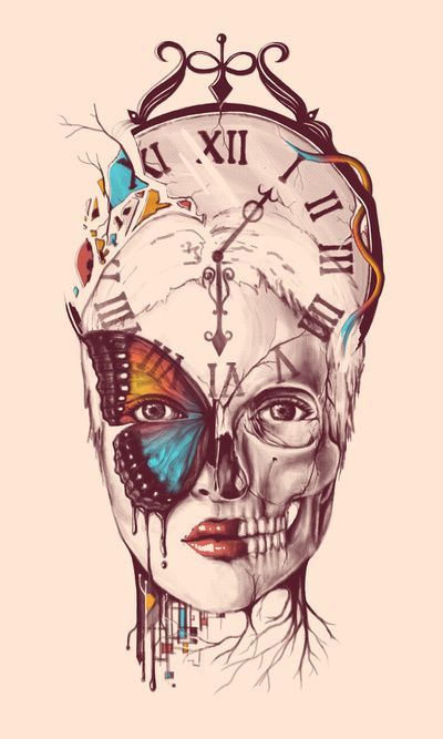 Norman Duenas. Symbolism: Monarch Butterfly/MK-Ultra programming, death culture, clockwork, fractured mind, fragmented personality, merging of nature and