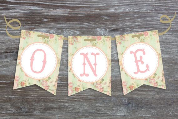 Printable “ONE” Banner Pennants for high chair – Shabby Chic, Vintage, First, Baby, Girl – PDF File, You Print on Etsy,