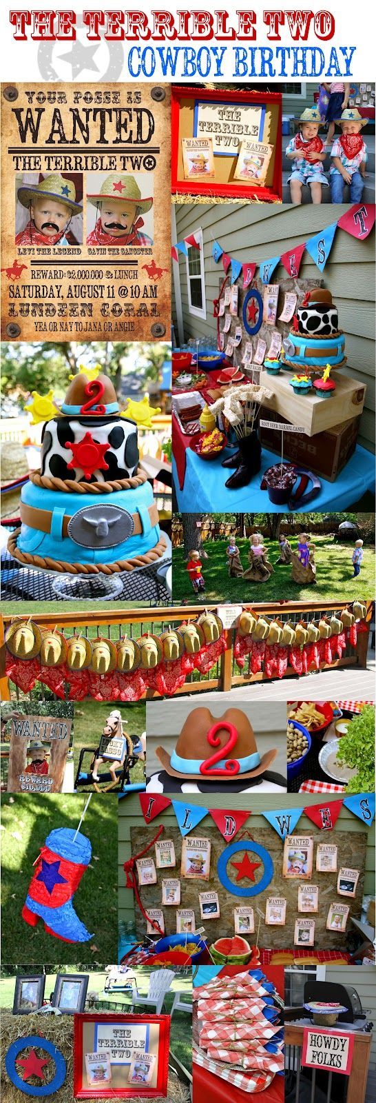 Red & Blue Terrible Two Cowboy Birthday love clothes line hats and