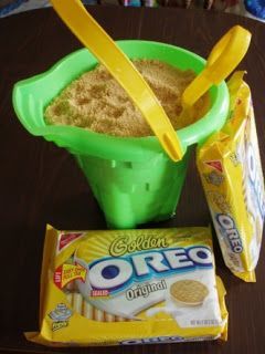 Summer “Sand” Recipe ~ GOLDEN Oreo cookies, stick butter, cream cheese, powdered sugar, milk, French vanilla instant pudding, Cool Whip… fun and