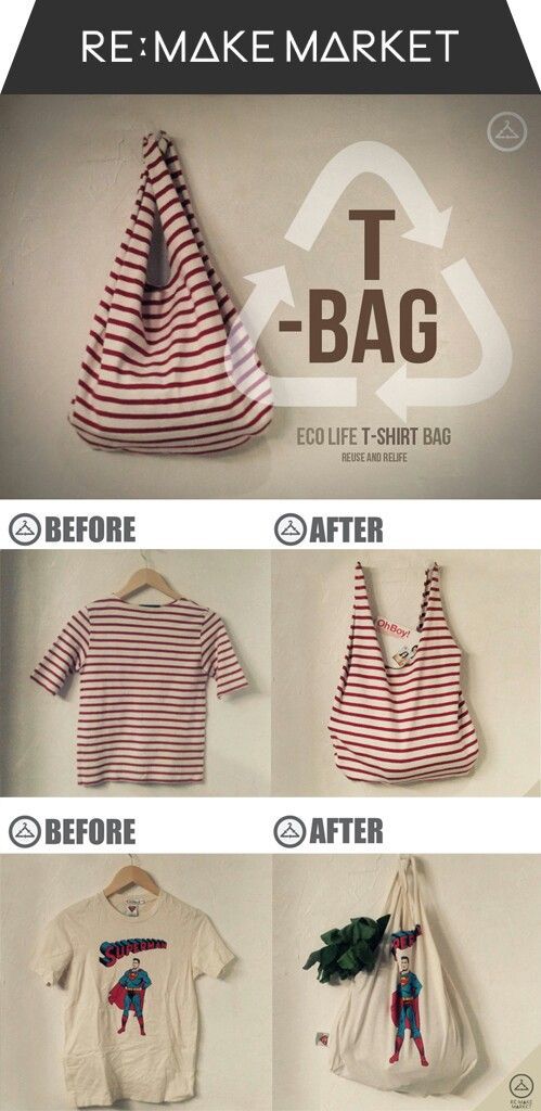 tee-bag : make a bag from a recycled t-shirt (love the stripes!) – you could do this with your