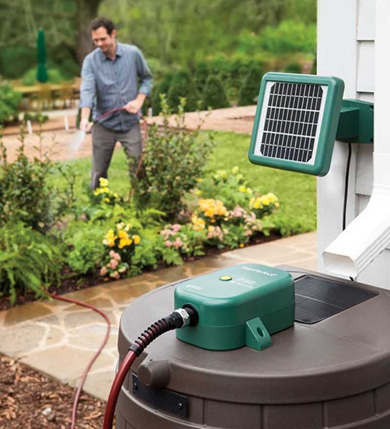 The solar powered rain barrel pump system provides pressurized pumping through a garden hose with no electrical outlet required. This high powered system pumps up to 100 gallons on a single