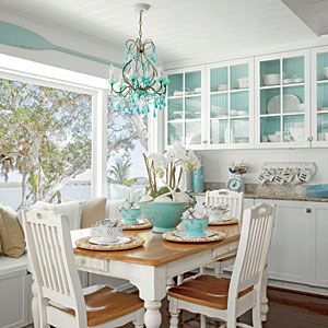 The tiny breakfast nook of this Casey Key, Florida, cottage is one of the most well-used spaces of the home and where the family shares daily meals. To maximize space, the homeowner commissioned the