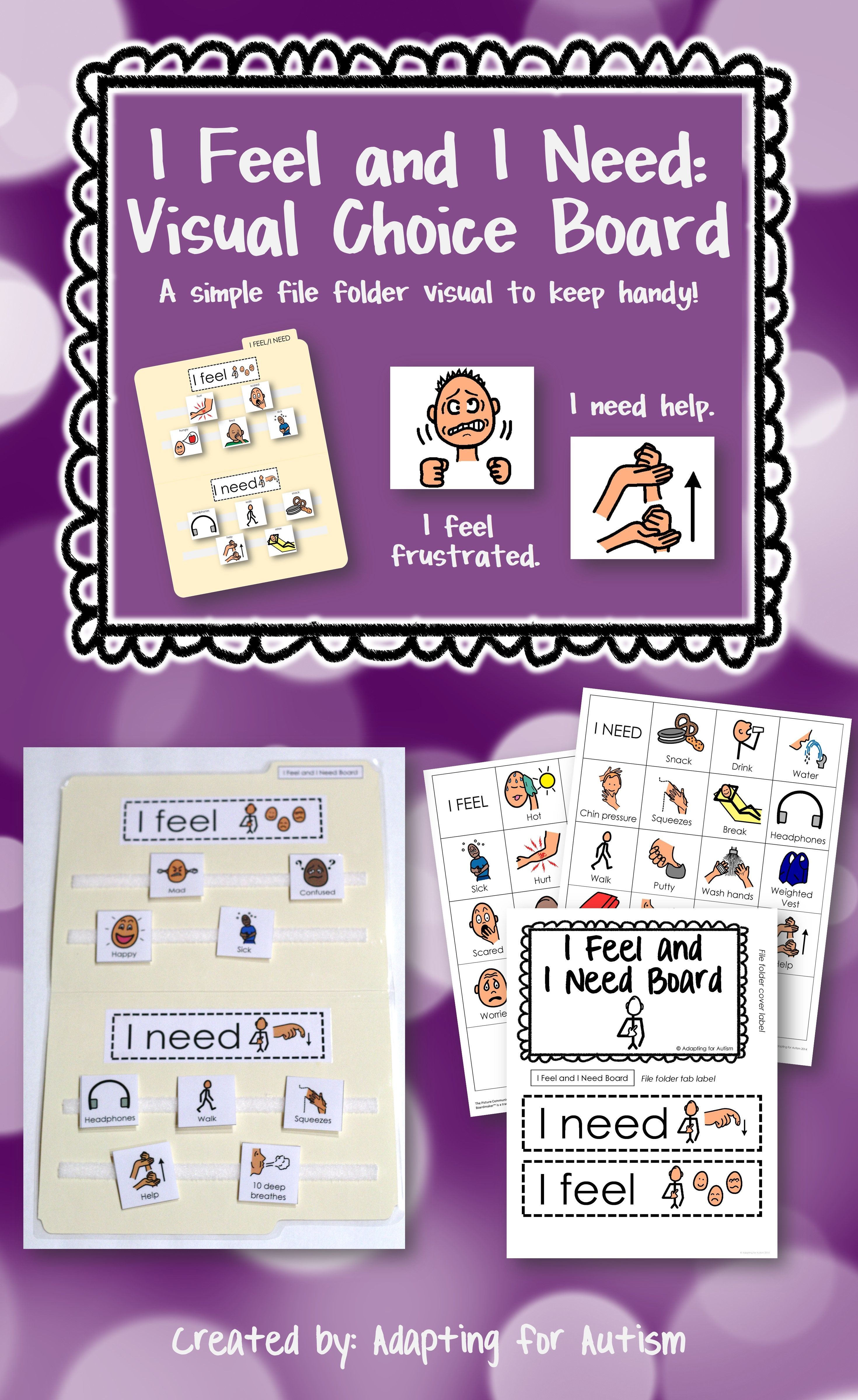 This I Feel and I Need Visual Choice Board is a simple resource to keep handy. Providing a student with a visual support may allow him to express his needs without having to find the words. Even