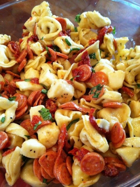 Tortellini and Pepperoni Pasta Salad – I made this (so good!!) – 4oz Mozzarella Chunked, 9oz Cherry Tomatoes, 1/2c Lite Caesar Dressing (Kens), 9oz bag Cheese Tortellini, 1/2 cucumber, 2.5oz