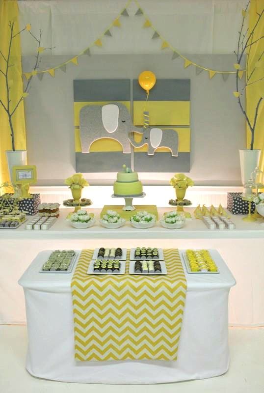 Yellow & Gray Chevron Baby Shower Ideas (Elephant Theme) for a boy or girl (Change to navy &
