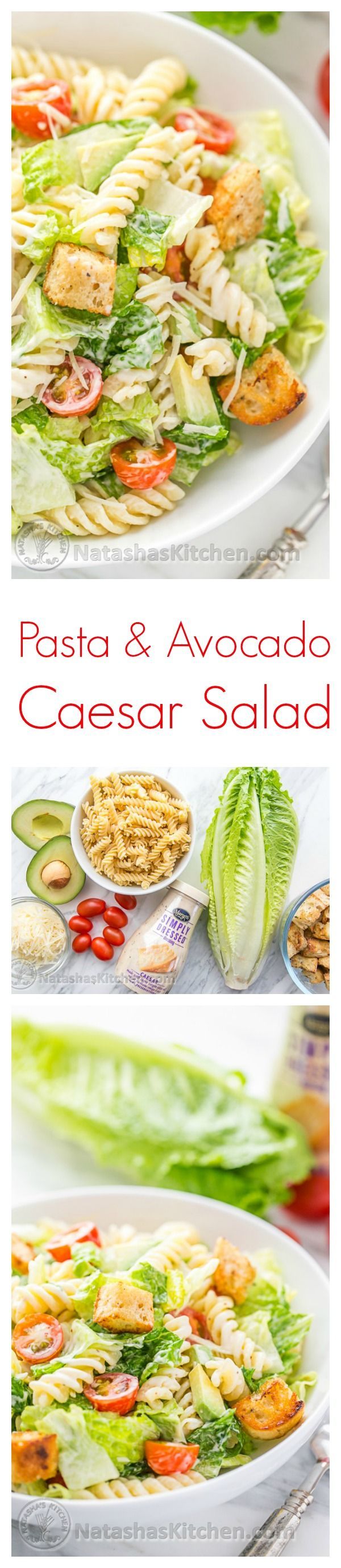 You have to try this Pasta Avocado Caesar Salad. Easy and family friendly weeknight meal! @natashaskitchen #sponsored by @Marzetti